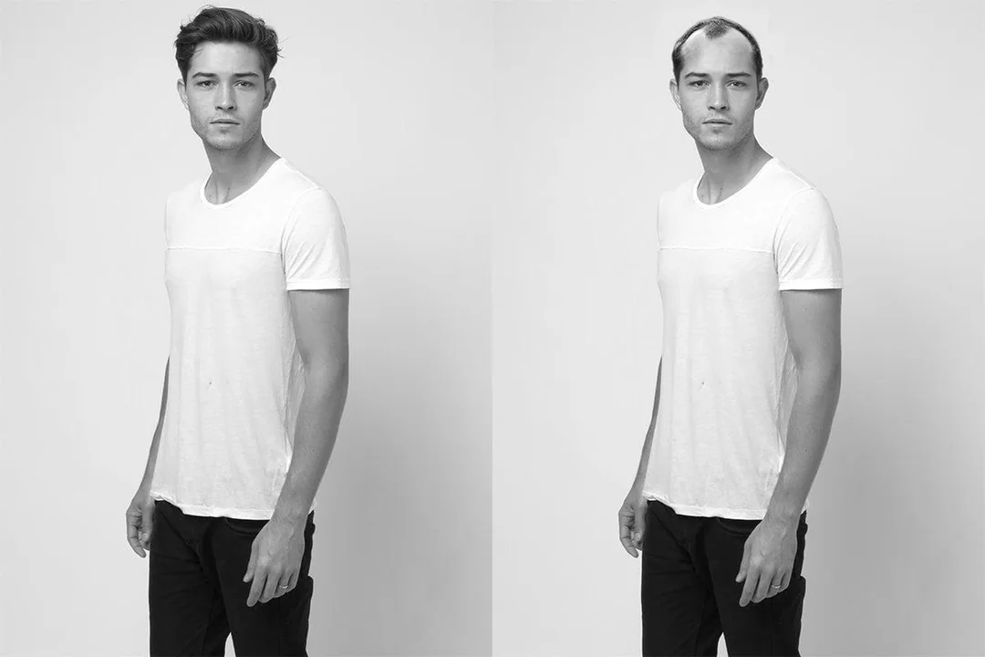 Model in white t-shirt with and without hair